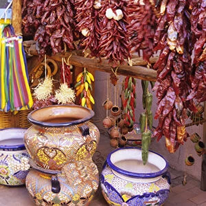 Native American pottery and traditional ristras in historic and charming Santa Fe