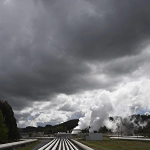 New Zealand, North Island, near Taupo, Wairakei Geothermal Power Station and Storm Clouds