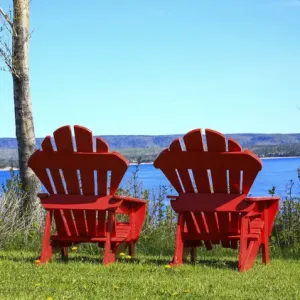 North America, Canada, Nova Scotia, Adirondack chairs near Cabot Trail, Cape Beton