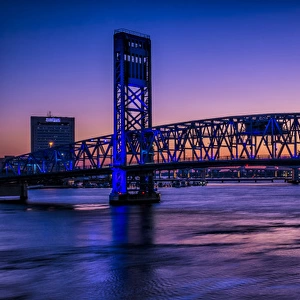 North America, Jacksonville, Florida. View of The Blue Bridge at twilight