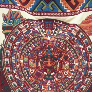 North America, Mexico, Teotihuacan, souvenir blanket with colorful Aztec calendar design