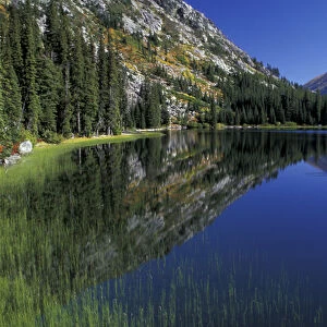 North America, USA, WA, Alpine Lakes Wilderness Lake Stuart, shoreline reflections