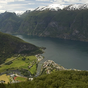Norway, Aurland near Flam. Stegastein Overlook, view of Aurland Fjord an arm of Sogne Fjord