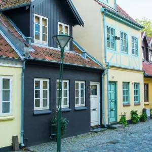 Odense Denmark, beautiful old row homes cobblestone streets in Hans Christian Andersen