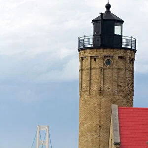 The Old Mackinac Point Lighthouse and the Mackinac Bridge at Mackinaw City, Michigan