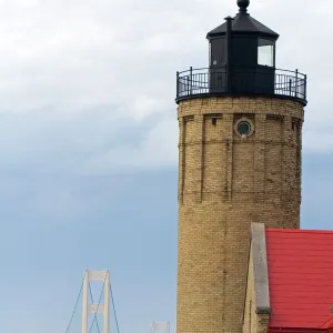 The Old Mackinac Point Lighthouse and the Mackinac Bridge at Mackinaw City, Michigan