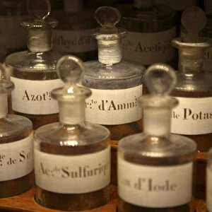 Old perfume testing bottles display in Musee du Parfum. Paris. France