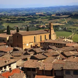 Old Tuscan Town Church Red Brick Roofs Countryside Vineyards San Gimignano Tuscany Italy