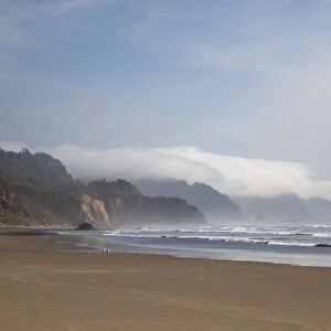 OR, Oregon Coast, Arcadia Beach and fog covered headlands