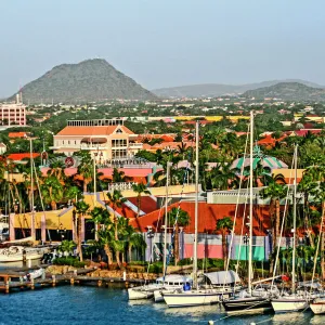 Oranjestad, Aruba. Aerial view of Oranjestad marina, waterfront, boats, Marketplace