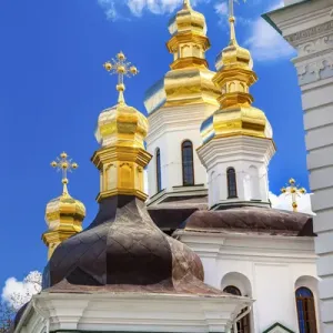 Ornate Crosses Gold Domes Church Birth Blessed Virgin Holy Assumption Pechrsk Lavra Cathedral Kiev Ukraine Ornate Crosses Gold Domes Church Birth Blessed Virgin Holy Assumption Pechrsk Lavra Cathedral Kiev Ukraine