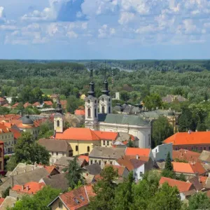 The Orthodox Cathedral of Saint Nicholas and red roof houses, Sremski Karlovci, Serbia
