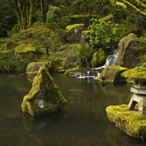 Pagoda; Rocks; moss covered; Lower Pond; Portland Japanese Garden; Portland; Oregon; USA