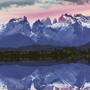 Paine Massif reflection at sunset, Torres del Paine National Park, Chile, South America