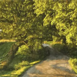 Painting effect on rural road and fence at sunrise, Oldham County, Kentucky