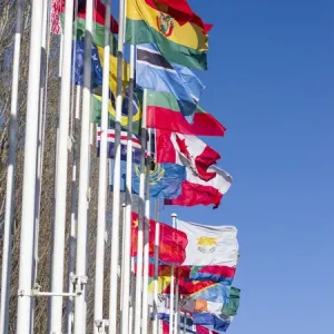 Parque das Nacoes, Flags in the area of the 1998 worlds fair area at the banks of river Tagus Parque das Nacoes, Flags in the area of the 1998 worlds fair area at the banks of river Tagus
