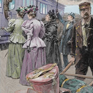 Platform at a railway station. Late 19th century. Drawing by Marchetti. Colored
