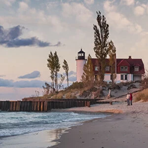 Point Betsie Lighthouse at sunset coast of Lake Michigan