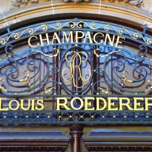 The portico in wrought iron on entrance door to Champagne Louis Roederer, Reims