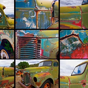 A poster featuring close up shots of several abandoned trucks in a public works yard