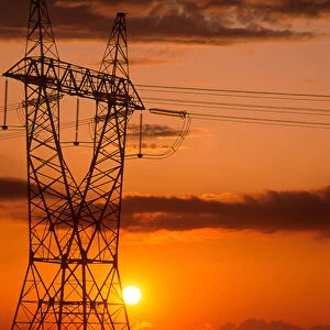 Power lines at sunset. power, lines, sunset, energy, transmission, tower, electricity