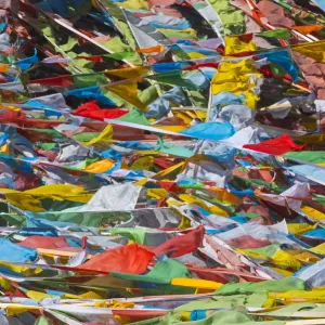 Prayer flags on Tibetan Plateau, Namtso (Lake Nam), Tibet, China