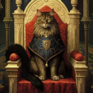 A proud long-haired cat sitting on a throne. Painting style. (AI Generated) A proud long-haired cat sitting on a throne. Painting style. (AI Generated)