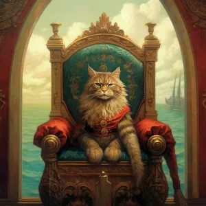 A proud long-haired cat sitting on a throne. Painting style. (AI Generated) A proud long-haired cat sitting on a throne. Painting style. (AI Generated)