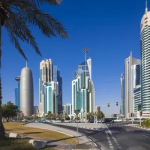 Qatar, Doha, Doha Bay, West Bay Skyscrapers, morning