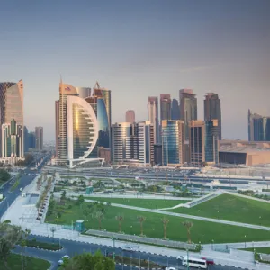 Qatar, Doha, Doha Bay, West Bay Skyscrapers, elevated view, dawn