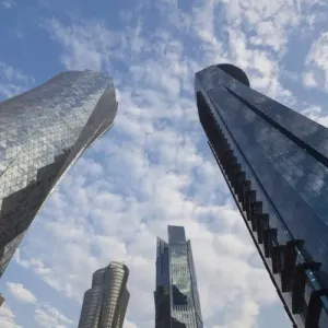 Qatar, Doha, Doha Bay, West Bay skyscrapers, dusk