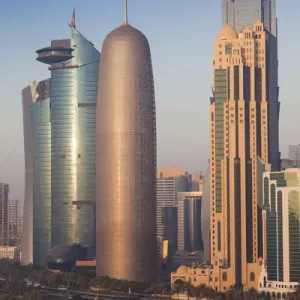 Qatar, Doha, Doha Bay, West Bay skyscrapers with World Trade Center and Burj Qatar