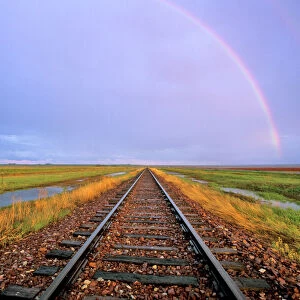 Rainbow over railroad tracks near Fairfield Montana