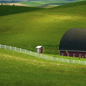 Red barn and manicured fields in Moscow, Idaho, Latah County, USA