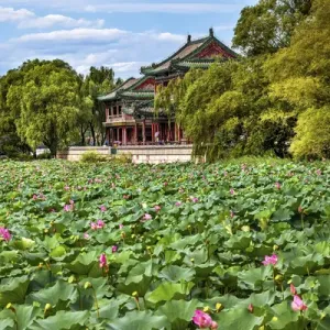 Red Pavilion Print: Summer Palace Garden Scene Red Pavilion Print: Summer Palace Garden Scene
