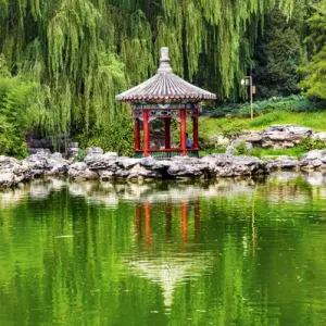 Red Pavilion Lotus Pads Garden Temple Print Red Pavilion Lotus Pads Garden Temple Print