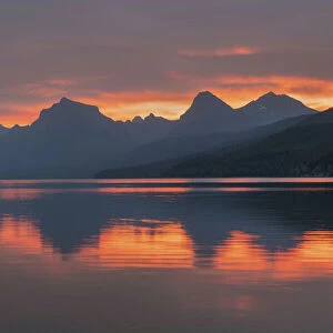 Red sky at dawn, Lake McDonald, Glacier National Park, Montana