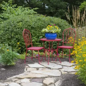 Red table & chairs with blue pot in flower garden. Marion Co. IL (PR) Red table & chairs with blue pot in flower garden. Marion Co. IL (PR)