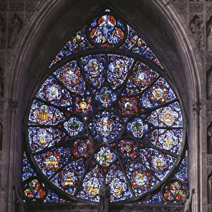 Reims cathedral. Gothic architecture. Rose window. West front. 13th cent