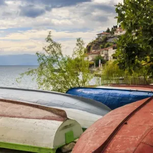 Print of Lake Ohrid with Boats on Shore