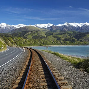 Road, railway, and Seaward Kaikoura Ranges, Mangamaunu, near Kaikoura, Marlborough