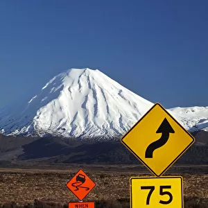 Road signs on Desert Road and Mt. Ngauruhoe, Tongariro National Park, Central Plateau