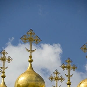 Russia, Moscow, The Kremlin. Terem Palace, guilded cupolas top the Czarinas Golden Chamber