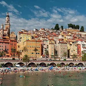 Sablettes beach, Saint Michel Church and the old town of Menton, Provence Alpes Cote d'Azur, France