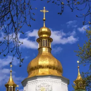 Saint Sophia Sofia Cathedral Spires Towe Golden Dome Sofiyskaya Square Kiev Ukraine Saint Sophia Sofia Cathedral Spires Towe Golden Dome Sofiyskaya Square Kiev Ukraine