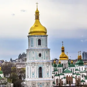 Saint Sophia Sofia Cathedral Spires Towe Golden Dome Sofiyskaya Square Kiev Ukraine Saint Sophia Sofia Cathedral Spires Towe Golden Dome Sofiyskaya Square Kiev Ukraine