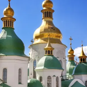 Saint Sophia Sofia Cathedral Spires Tower Golden Dome Sofiyskaya Square Kiev Ukraine Saint Sophia Sofia Cathedral Spires Tower Golden Dome Sofiyskaya Square Kiev Ukraine