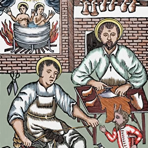 Two Saints make shoes being tempted by the devil. Colored woodcut