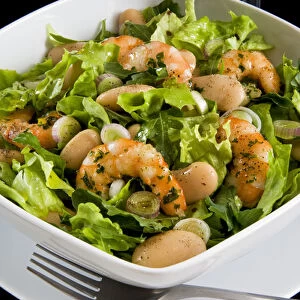 Salad with shrimp, white beans, onions and arugula with balsamic vinegar