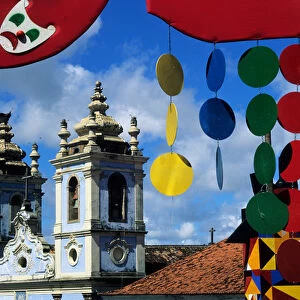 Salvador, Bahia State, Brazil; colonial buildings in Pelourinho with carnival decorations
